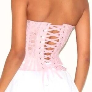 PRETTY LITTLE THING Textured Sheer Floral Lace Corset Top Size 8 Rose Pink  NWT